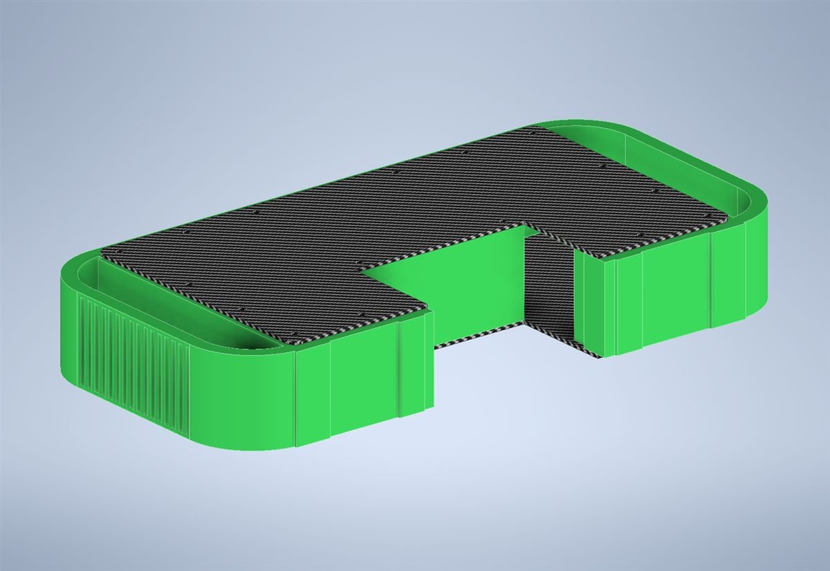 Early CAD: bare green chassis with a carbon deck and a notch for the weapon.