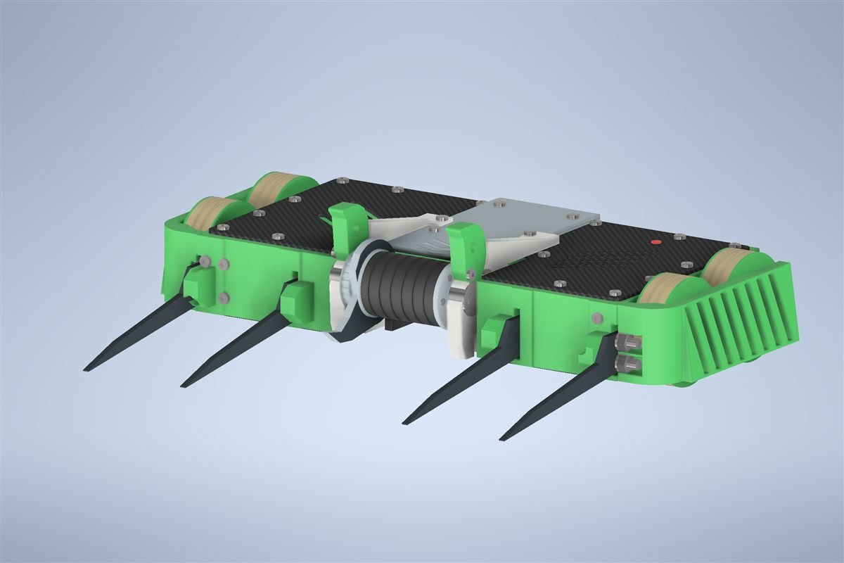 Second CAD revision with a belt-driven drum weapon and four tines.